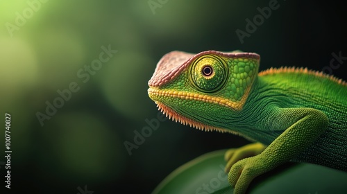 Colorful chameleon perched on a leaf, vibrant green and detailed texture.