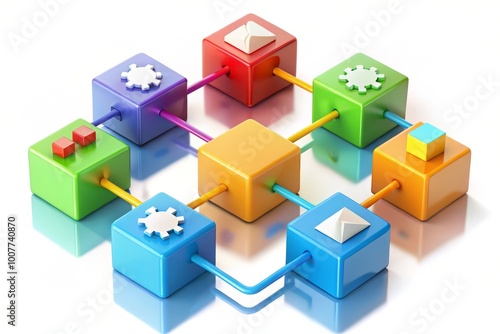 A colorful, 3D illustration of a five-box plan diagram with connected arrows and icons, symbolizing strategy,