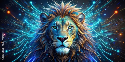 A colorful, futuristic, 3D-generated illustration of a majestic lion's head with glowing blue circuits and digital