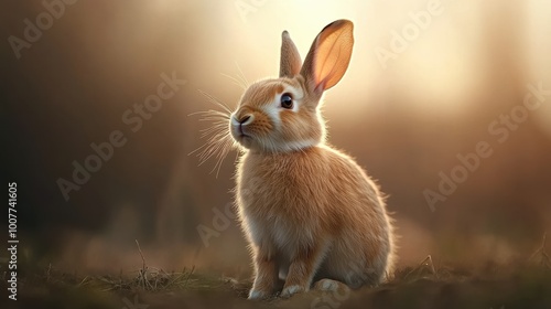 Cute rabbit sitting on grass with soft sunlight in the background.