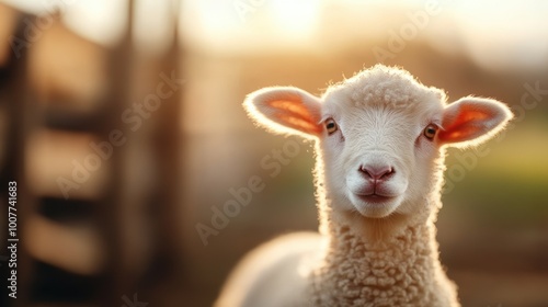 Cute sheep with fluffy wool, looking curiously at the camera.