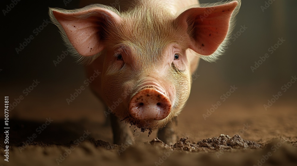 Cute pig exploring soft earth, natural lighting, focused expression. Cute pig exploring soft earth, natural lighting, focused expression.