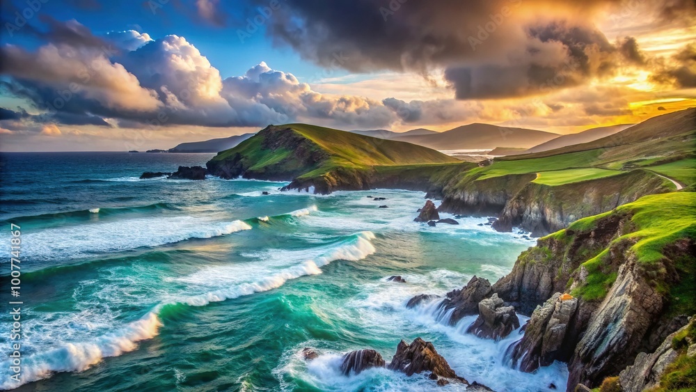 Fototapeta premium Waves crash against rugged coastline of emerald green hills meeting the misty blue horizon, showcasing Ireland's serene and dramatic shoreline scenery at dusk.