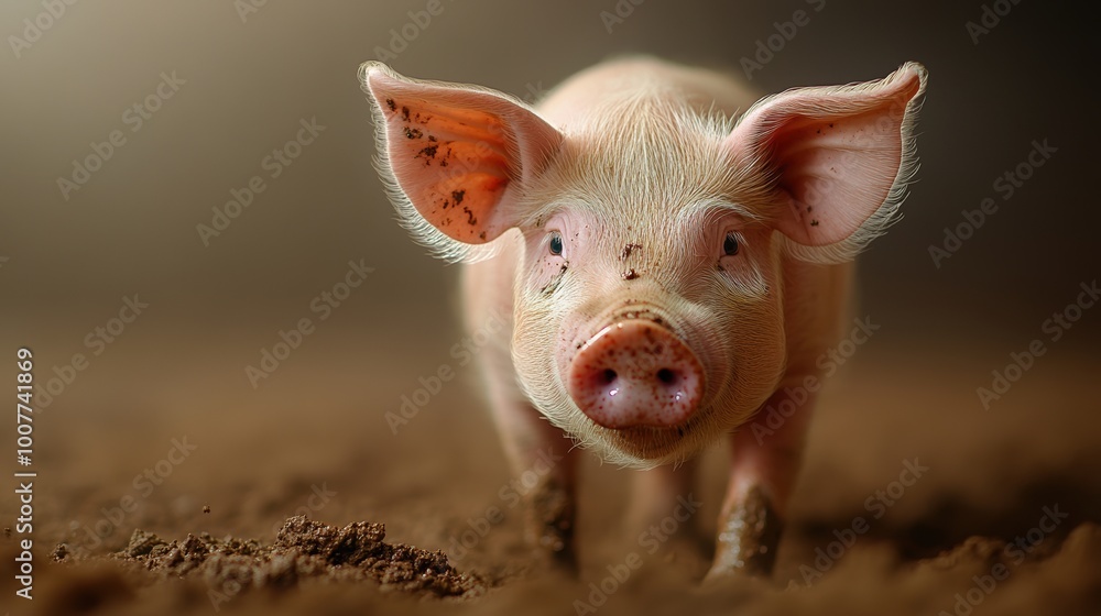 Cute piglet standing on dirt with soft focus background. Cute piglet standing on dirt with soft focus background.