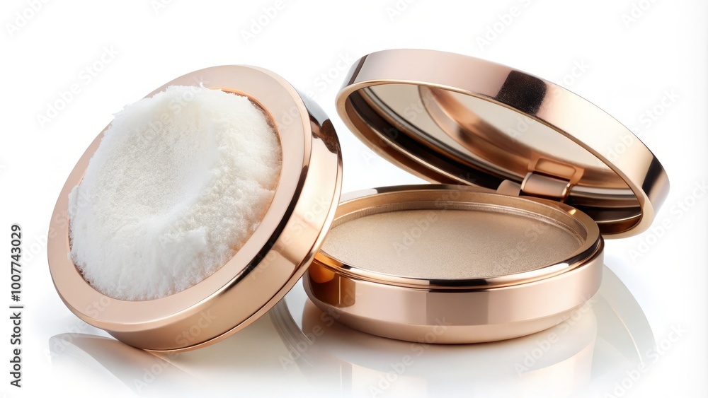 A delicate, rose-gold compact powder container lies open, revealing a soft, velvety powder puff and a gentle dusting A delicate, rose-gold compact powder container lies open, revealing a soft, velvety powder puff and a gentle dusting