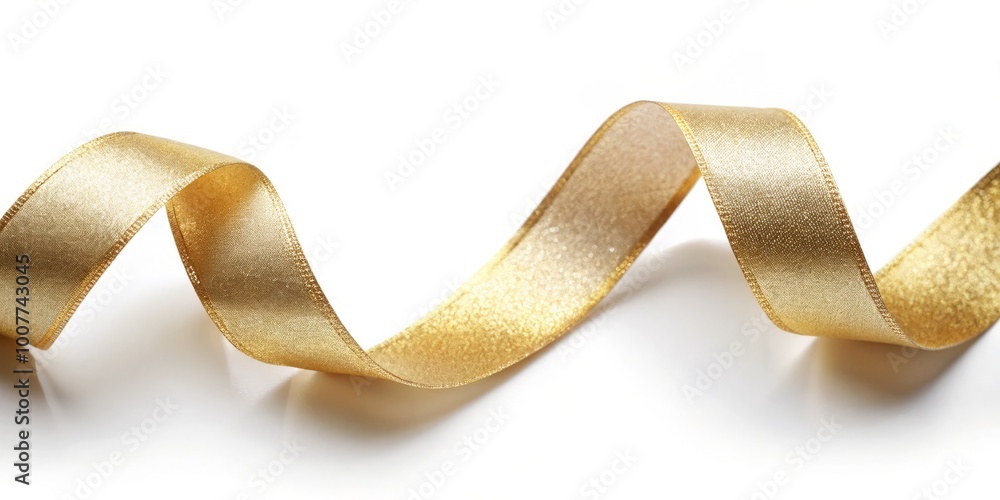 A delicate, shimmering golden ribbon curls and loops around a soft white background, creating a sophisticated and A delicate, shimmering golden ribbon curls and loops around a soft white background, creating a sophisticated and