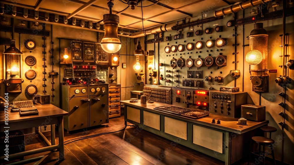A dimly lit control room filled with old-fashioned analog radio equipment, dials, and meters, emitting a warm glow, A dimly lit control room filled with old-fashioned analog radio equipment, dials, and meters, emitting a warm glow,