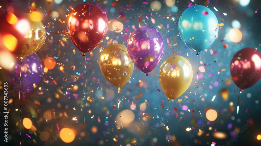 Colorful balloons and confetti floating in the air, creating a festive and joyful celebration atmosphere. Colorful balloons and confetti floating in the air, creating a festive and joyful celebration atmosphere.