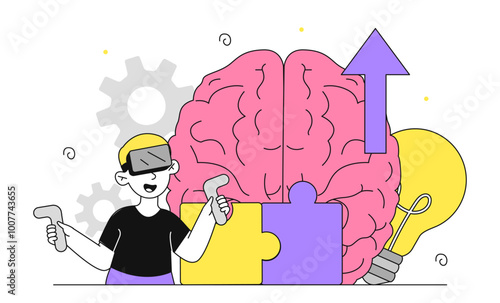 Boy with neurodiversity. Cute guy in virtual reality glasses near large brain. Development of cognitive abilities in children. Awareness and mindfulness. Linear vector illustration