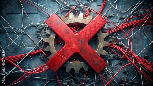 A distressed red X symbol overlaid on a cracked screen surrounded by broken gears and tangled wires, conveying photo