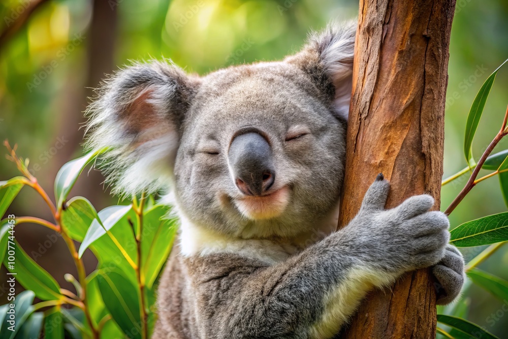 Fototapeta premium Adorable grey and white koala clings to eucalyptus tree branch, snout twitching, fluffy ears perked, eyes closed in