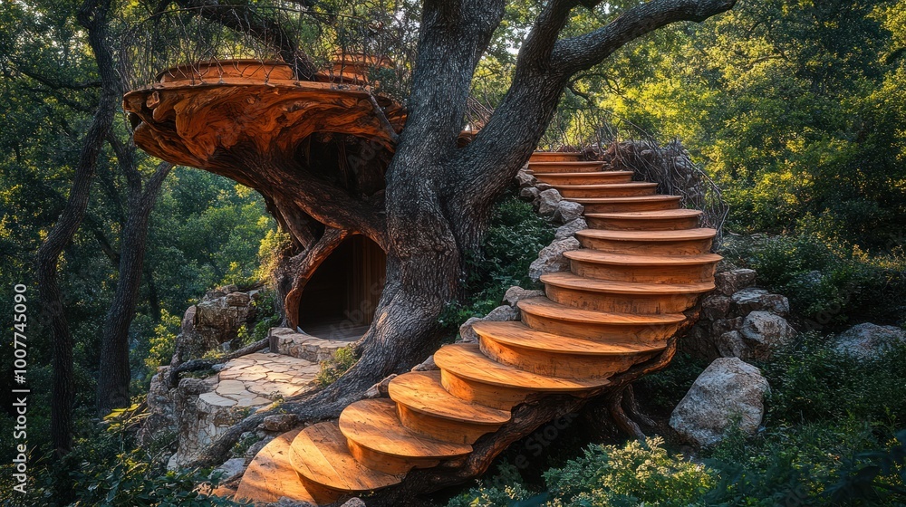 Naklejka premium Wooden Staircase Winding Up a Tree