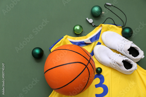 Basketball player's uniform with Christmas balls on green background