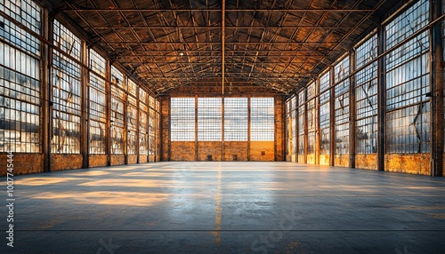 Rustic Industrial Warehouse Interior with Exposed Beams and Large Windows in Medium Shot