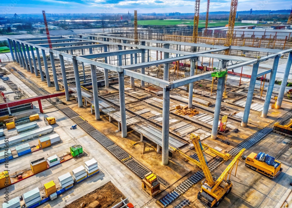 Aerial view of a sprawling industrial construction site with cranes, excavators, and workers amidst a maze of steel Aerial view of a sprawling industrial construction site with cranes, excavators, and workers amidst a maze of steel