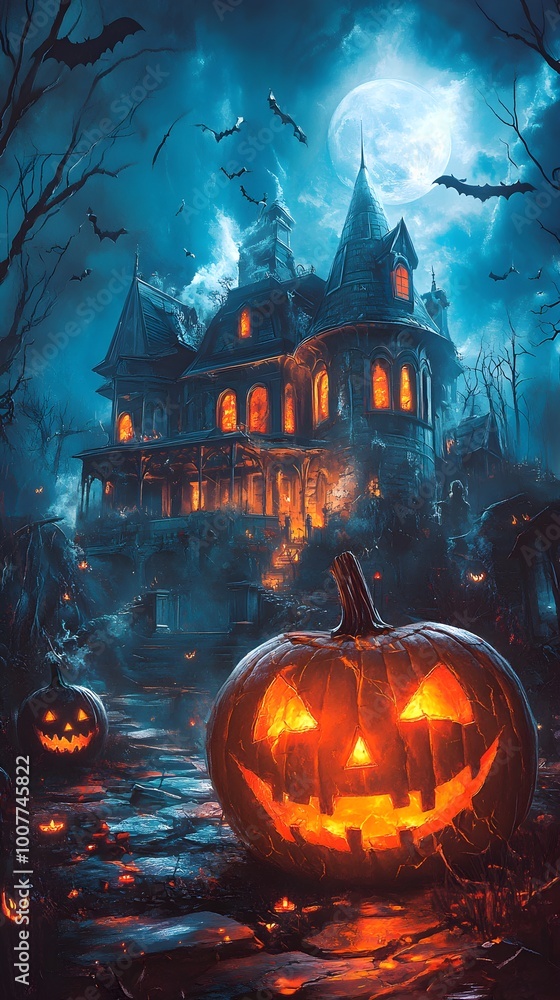Halloween poster, scary pumpkin and house, with fantastic background Halloween poster, scary pumpkin and house, with fantastic background