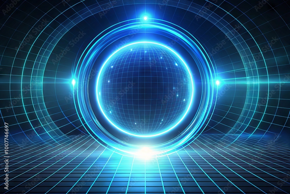 A futuristic 3D circle with glowing blue lines and pulsing lights orbiting its center, set against a dark A futuristic 3D circle with glowing blue lines and pulsing lights orbiting its center, set against a dark