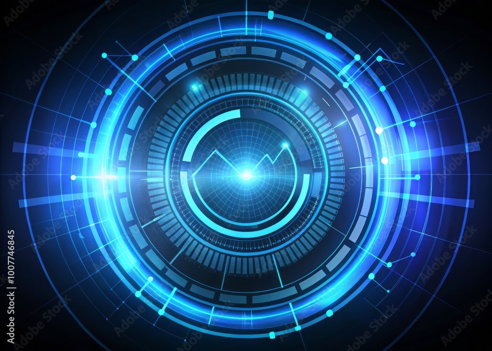 A futuristic circular heads-up display glows brightly with neon blue lines, graphs, and data streams orbiting the A futuristic circular heads-up display glows brightly with neon blue lines, graphs, and data streams orbiting the