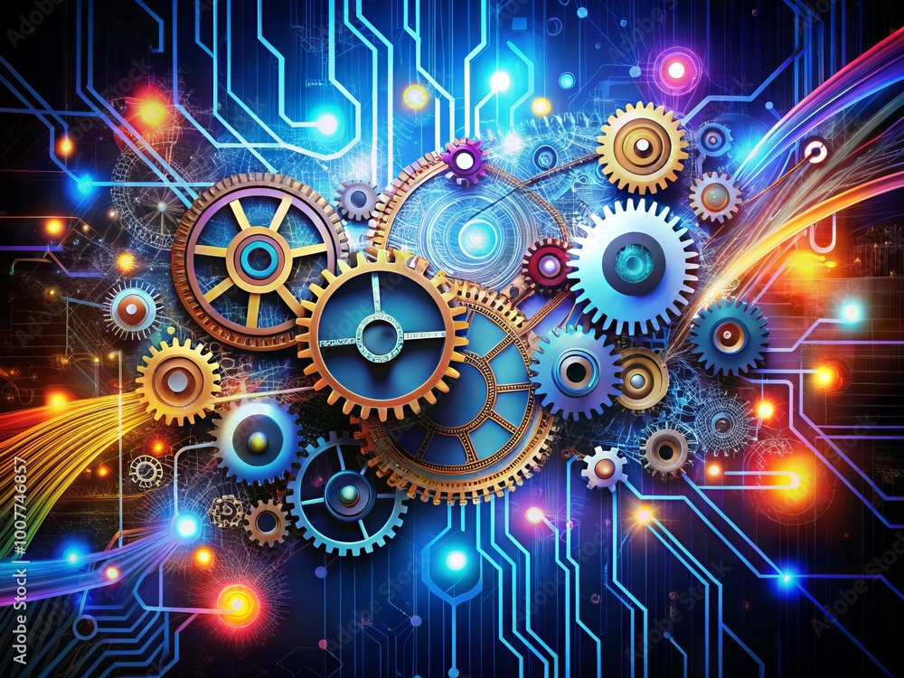 A futuristic digital illustration of interconnected gears, wires, and nodes forming a complex circuit board, overlaid A futuristic digital illustration of interconnected gears, wires, and nodes forming a complex circuit board, overlaid