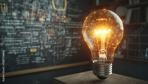 Innovative light bulb illuminates mathematical equations and graphics background.