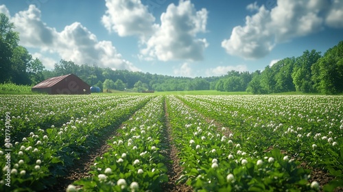 Lush green cotton field under a bright sky with scattered clouds.