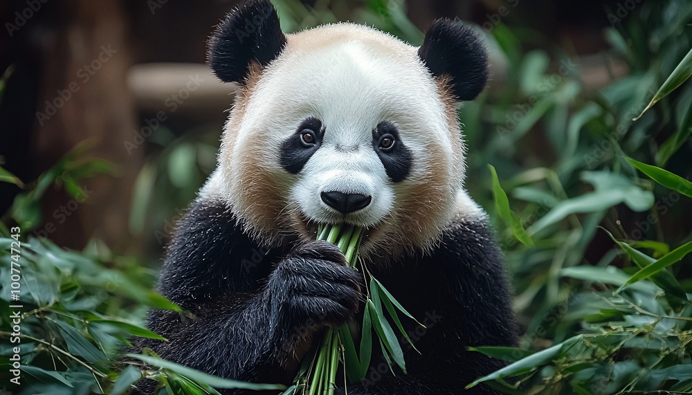 Serene Giant Panda Enjoying Bamboo Feast in Lush Greenery Serene Giant Panda Enjoying Bamboo Feast in Lush Greenery