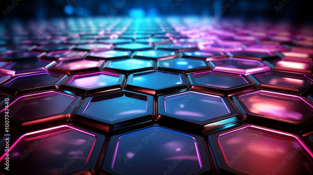 A futuristic abstract design of a mosaic of hexagonal shapes, illuminated with vibrant iridescent hues, creating a sense of depth and dimension. A futuristic abstract design of a mosaic of hexagonal shapes, illuminated with vibrant iridescent hues, creating a sense of depth and dimension.