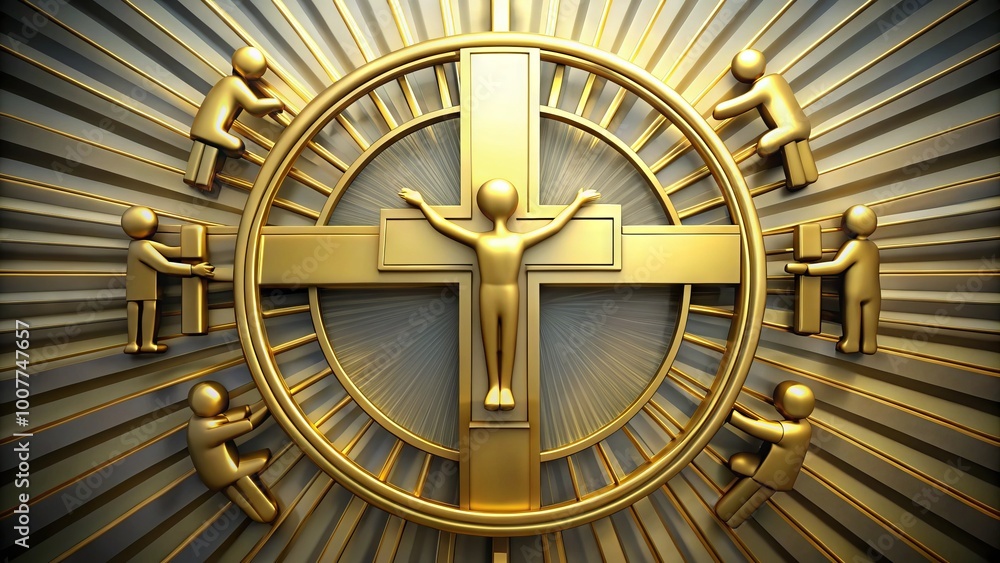 Obraz premium A golden cross with outstretched arms, surrounded by a circular shape with a subtle pattern, symbolizing faith,