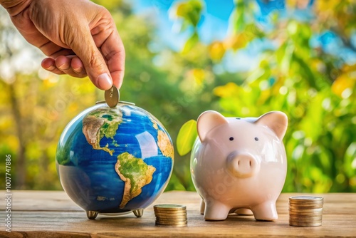 A hand placing a coin into a piggy bank surrounded by various charity boxes and a globe, symbolizing photo