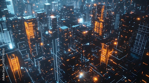 Energy-efficient Smart Grids: An advanced, energy-efficient smart grid stretching across a modern cityscape. Towers emit a soft glow from renewable energy sources like solar panels and wind turbines. 