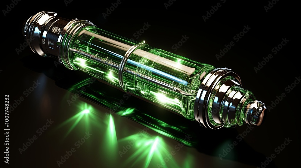 A futuristic device with a glowing green core encased in polished metal, resting on a reflective surface, casting an otherworldly sheen. A futuristic device with a glowing green core encased in polished metal, resting on a reflective surface, casting an otherworldly sheen.