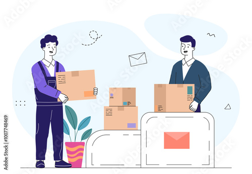 Parcel packaging process. Men with cardboard boxes. Shipping, delivery and transportation. Logistics and distribution. Warehouse workers. Linear vector illustration