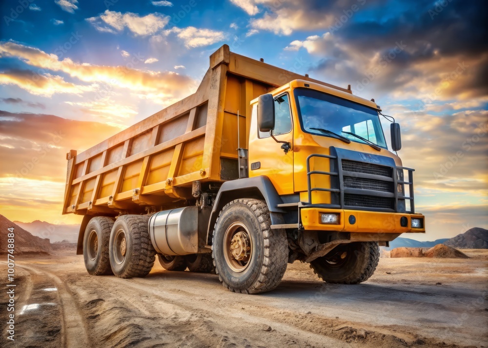 A large, rugged dump truck with a bold, graphic logo emblazoned on its side panel, parked in a A large, rugged dump truck with a bold, graphic logo emblazoned on its side panel, parked in a