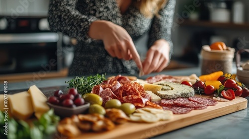 A woman is preparing a delicious charcuterie board with cheese, meat, and vegetables.