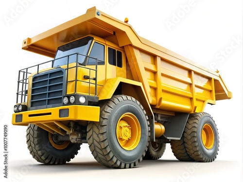 A large, yellow dump truck stands isolated on a white background, its rugged wheels and heavy-duty body highlighting photo