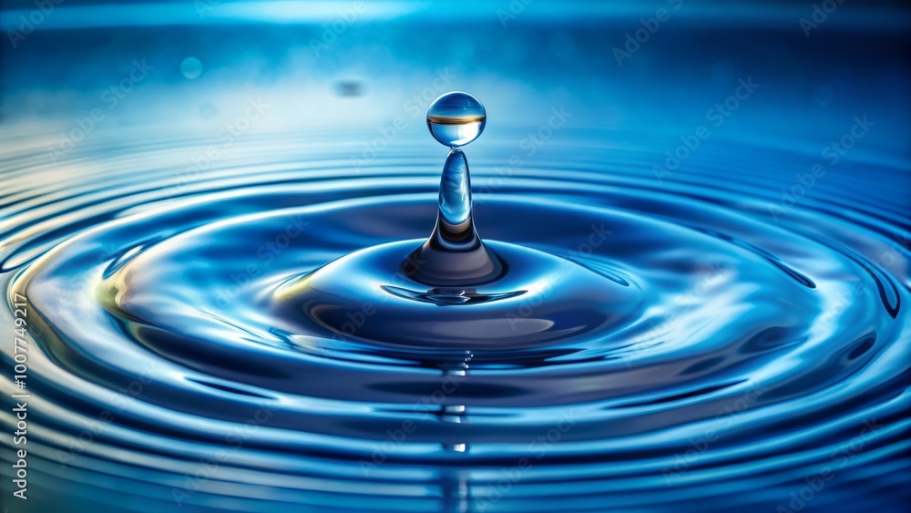 A lone droplet of water suspended in mid-air, moments before impact, creates a circular ripple effect in a A lone droplet of water suspended in mid-air, moments before impact, creates a circular ripple effect in a