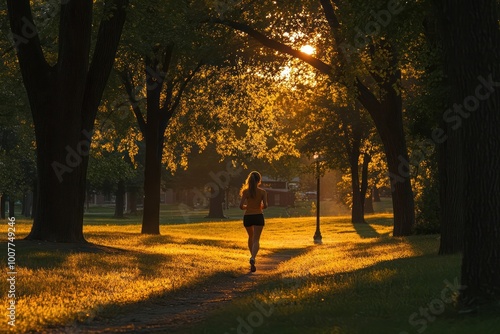 A woman jogs down a path in a park during a golden hour sunset.