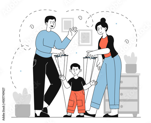 Parents manipulate boy. Man and woman control boy like marionette. Mental and psychological abuse. Bad parenting and relationship. Linear vector illustration