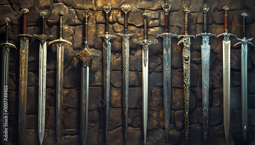 Unique swords on display in a medieval armory setting