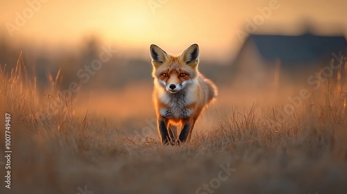 Fox walking through tall grass at sunset, natural landscape.