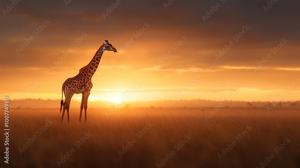 Obraz premium Giraffe silhouette at sunset in a golden savannah landscape.