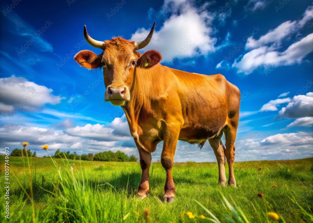 A majestic brown cow with a shiny coat and gentle eyes grazes peacefully in a lush green meadow A majestic brown cow with a shiny coat and gentle eyes grazes peacefully in a lush green meadow
