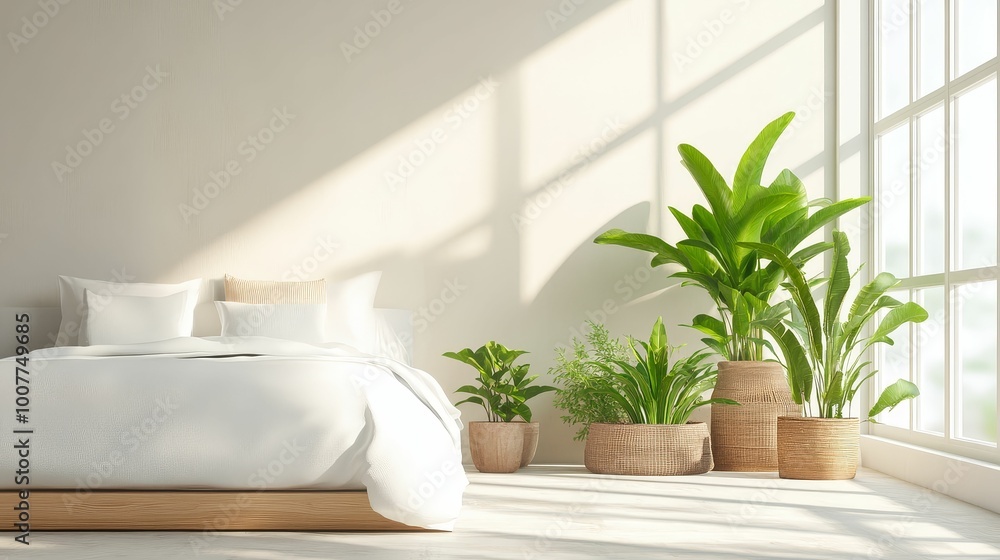A serene bedroom with air-purifying plants, illustrating the importance of a clean and restful environment in preventing health issues A serene bedroom with air-purifying plants, illustrating the importance of a clean and restful environment in preventing health issues