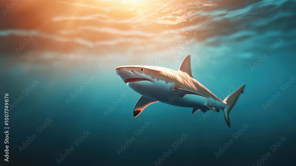 Fototapeta premium Great white shark swimming under water with sun rays shining through.