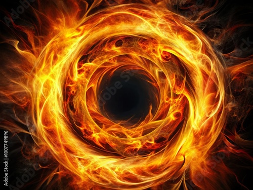 A majestic circle of fire surrounds a dark center, its vibrant orange and yellow flames dancing and swirling