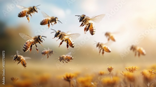 Honey bees flying among blooming flowers in a sunlit landscape photo