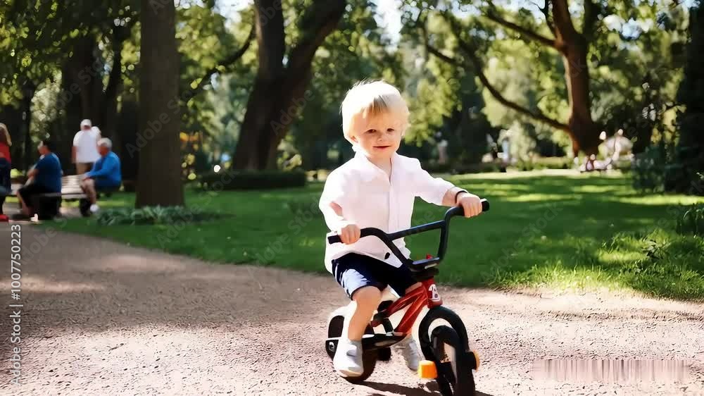 Blond Boy Riding Pedal-Free Bicycle in Park, Turns Around and Rides Away from Adults Blond Boy Riding Pedal-Free Bicycle in Park, Turns Around and Rides Away from Adults