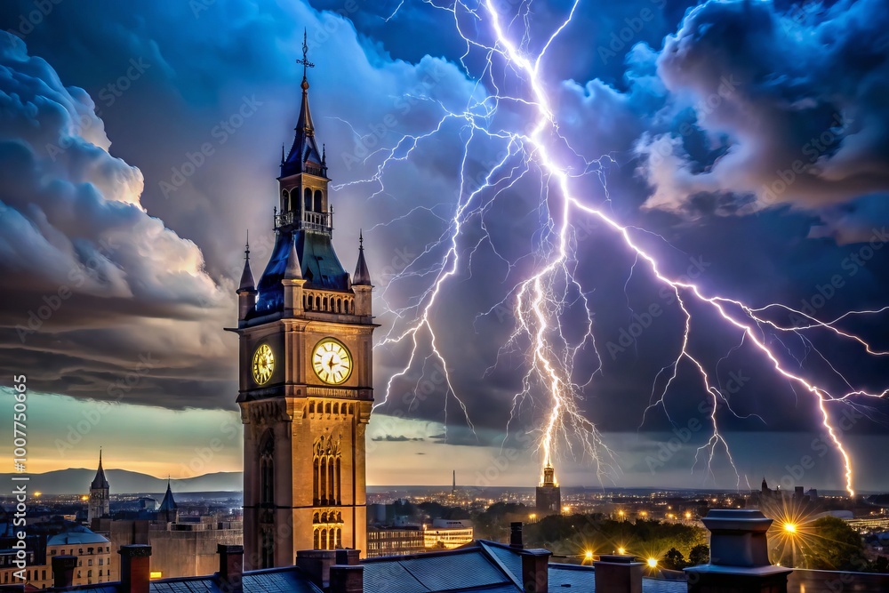 Fototapeta premium A massive lightning bolt strikes a historic clock tower at dusk, casting an eerie glow on the surrounding