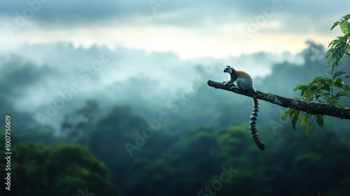 Lemur perched on a branch above a misty forest landscape. photo