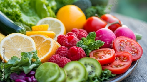 A beautifully arranged platter of colorful fruits and vegetables, symbolizing the power of nutrition and vitality